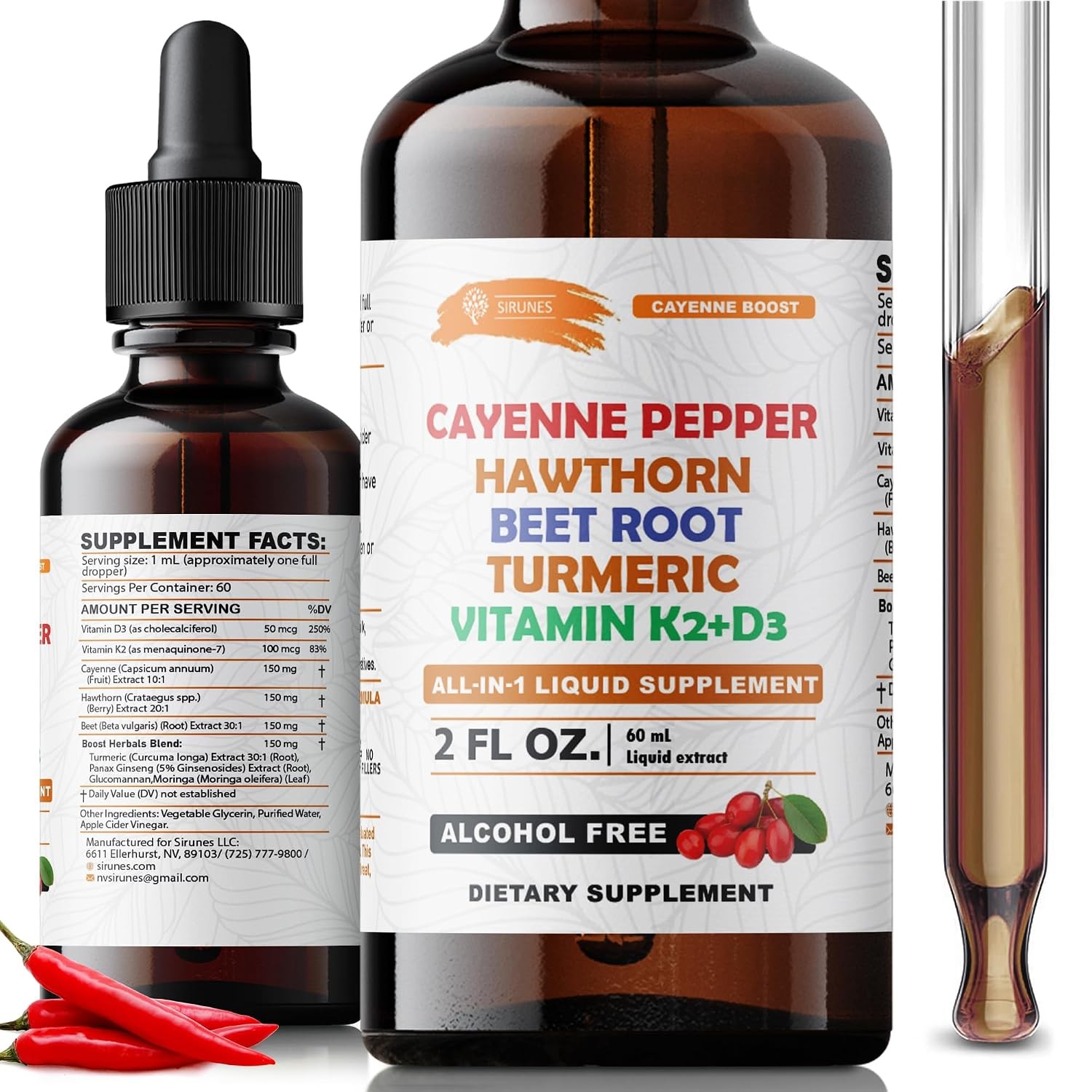 Cayenne Pepper Drops Hawthorn Beet Root Turmeric Vitamin K2 D3 Liquid Supplement