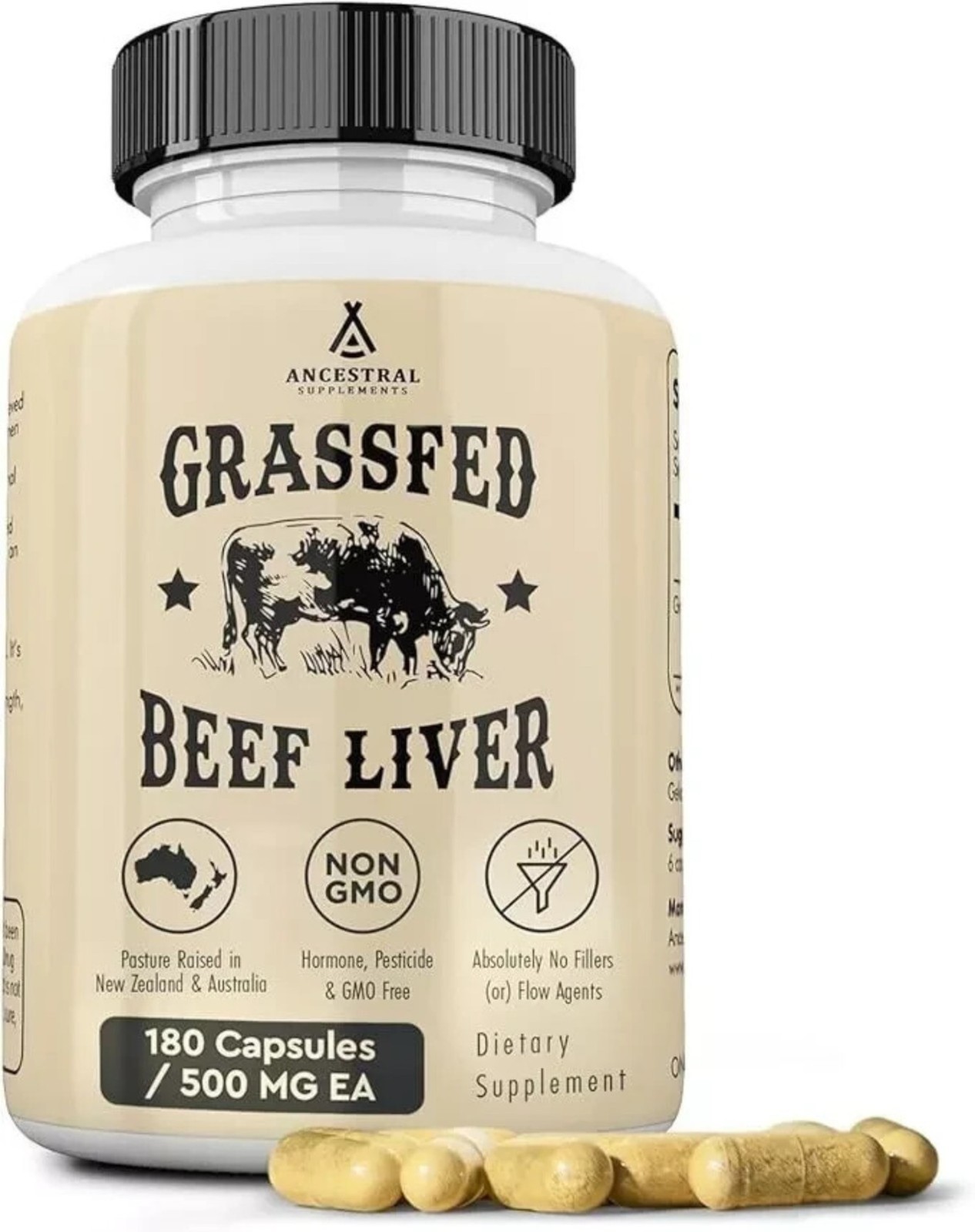 Ancestral Supplements Grassfed Beef Liver-180Capsules 500mg EA Exp 07/2028