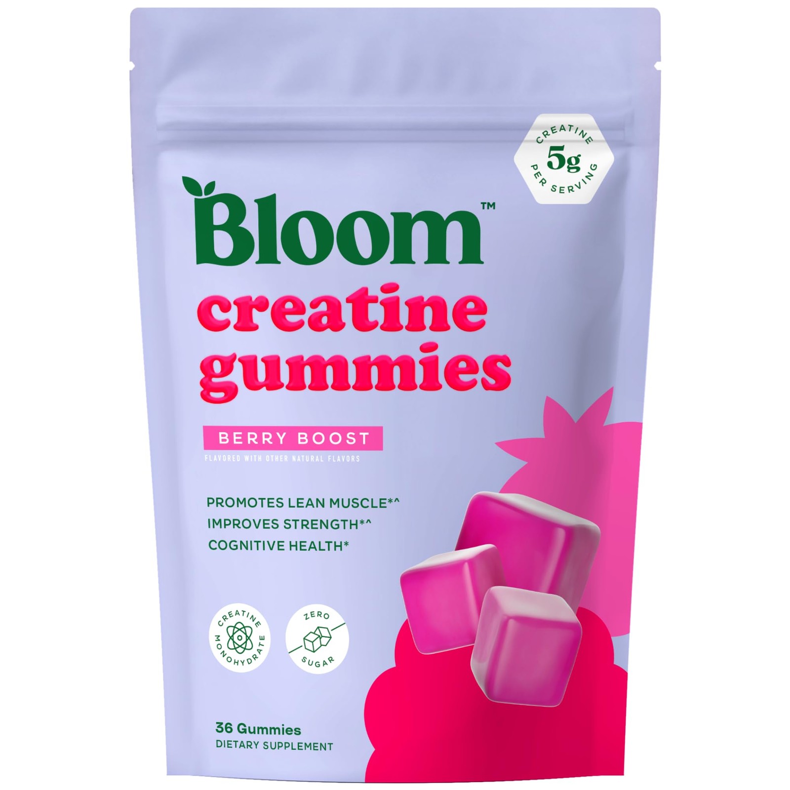 Bloom Creatine Monohydrate Gummies, 5g Per Serving, 36 Count (Pack of 1)