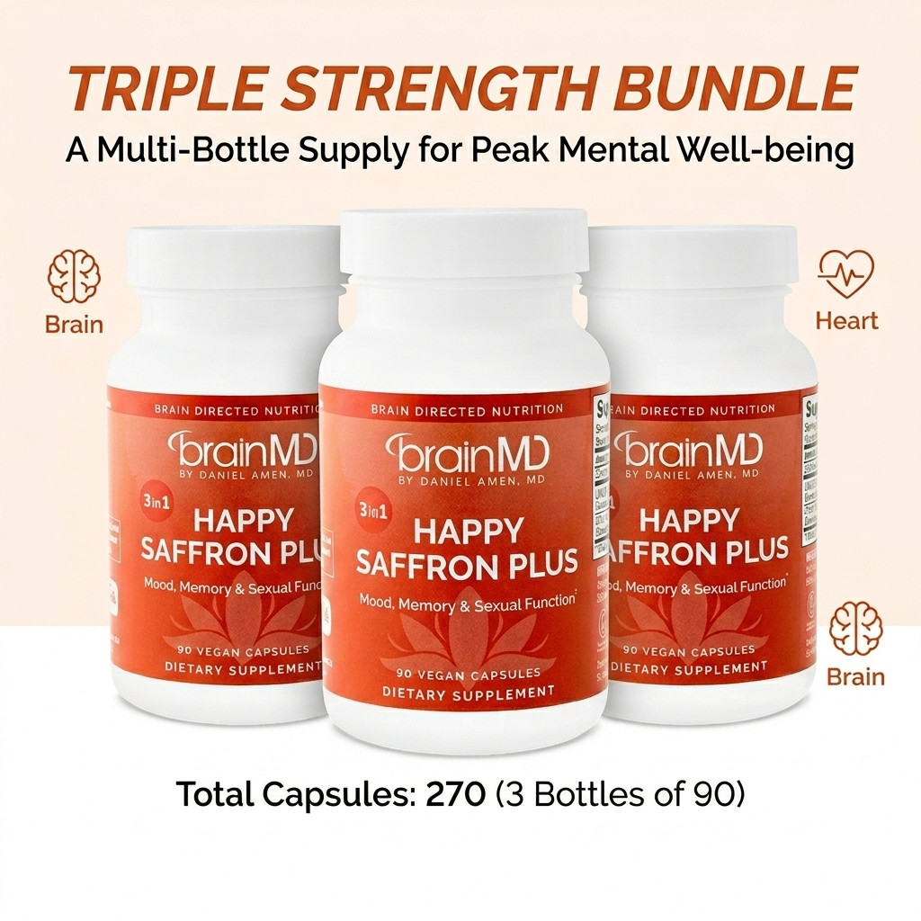 Three PACK BrainMD Happy Saffron Plus with Saffron Flower Extract Curcumin &
