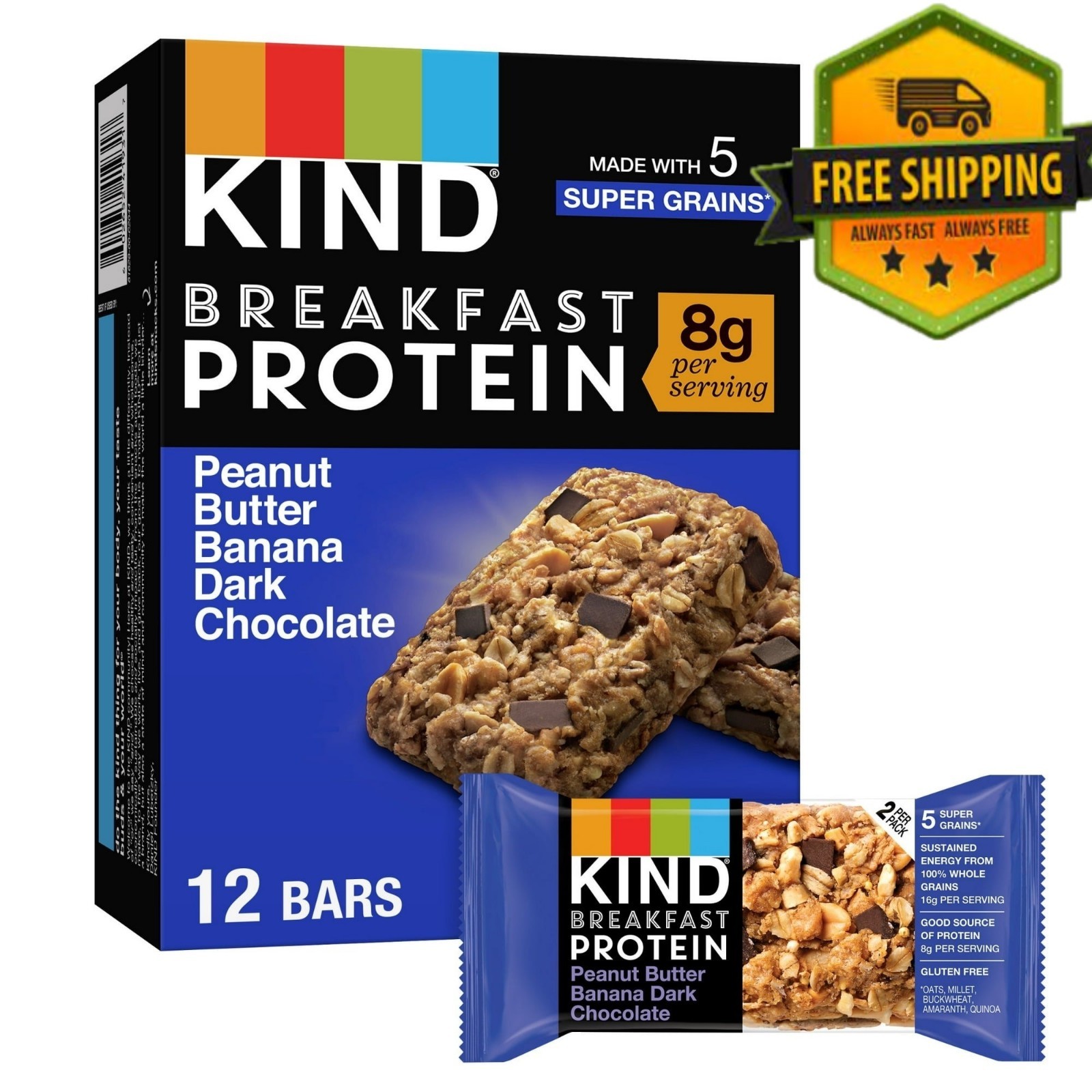 KIND Breakfast Bars Peanut Butter Banana Dark Chocolate Gluten Free 12 Bars