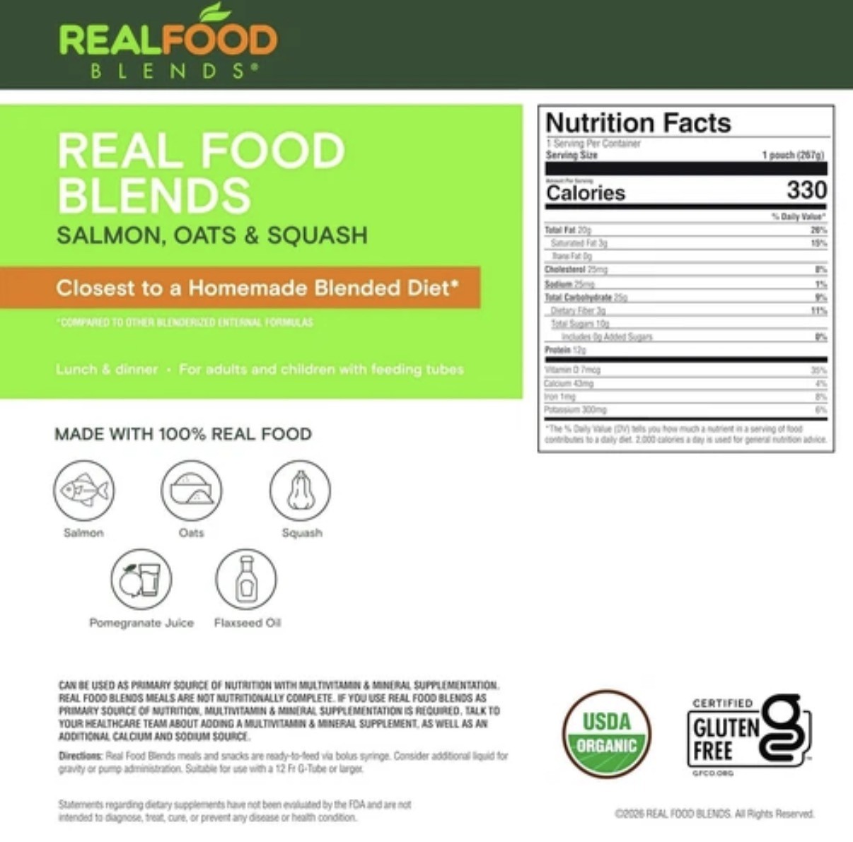 Real Food Blends Salmon, Oats & Squash – Pureed Meals for Tube Feeding…