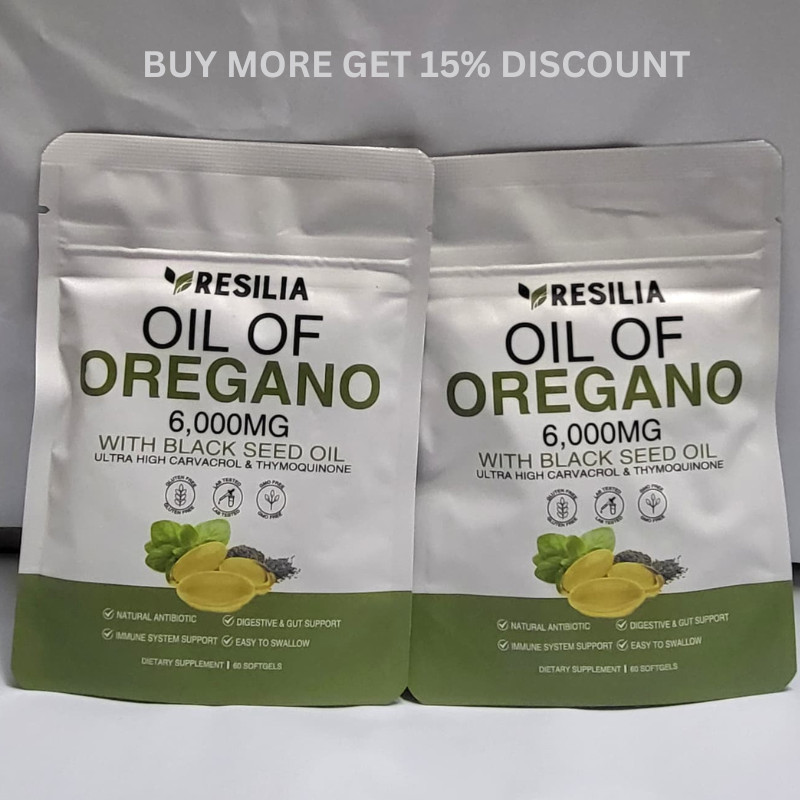 2 Sealed Resilia Oil Of Oregano 6,000 Mg, With Black Seed Oil, 60 Softgels Each