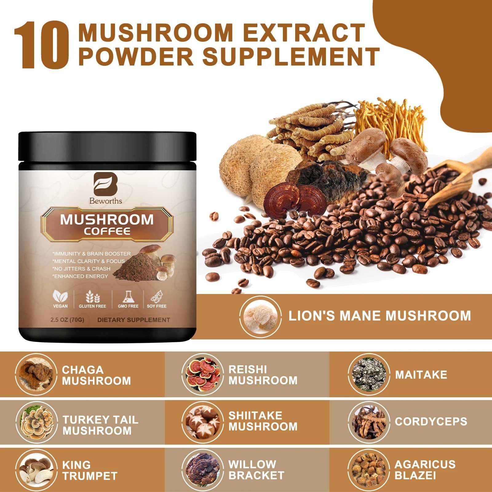 Mushroom Coffee Organic Lions Mane Immunity & Brain Booster 22/38/80 Servings