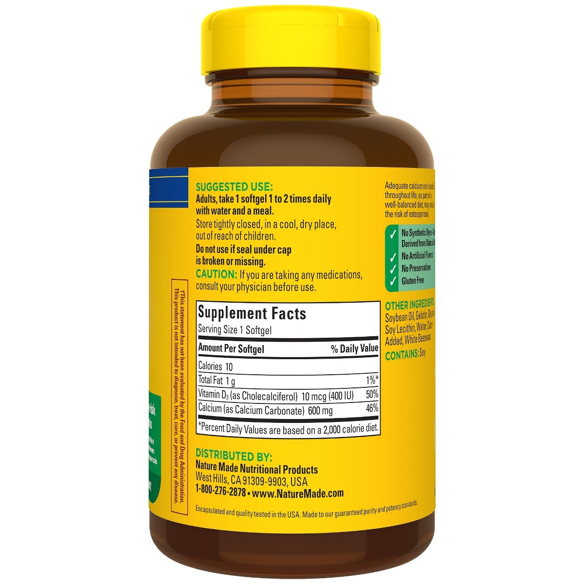 Nature Made Calcium 600mg Softgels with Vitamin D3 for Bone Support – 100ct