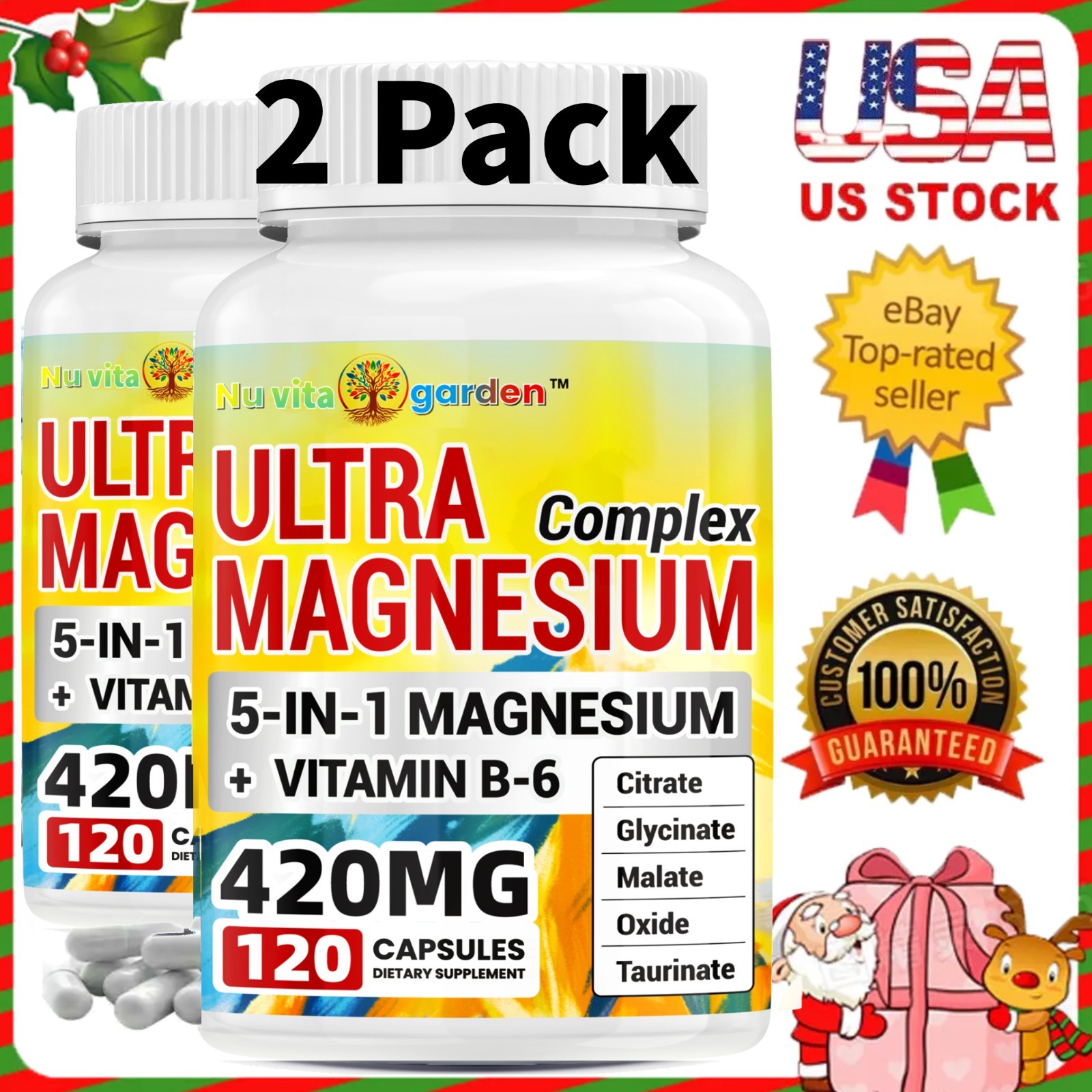 5-in-1 Magnesium Vitamin B6 Complex Supplement for Sleep Muscle Heart Health