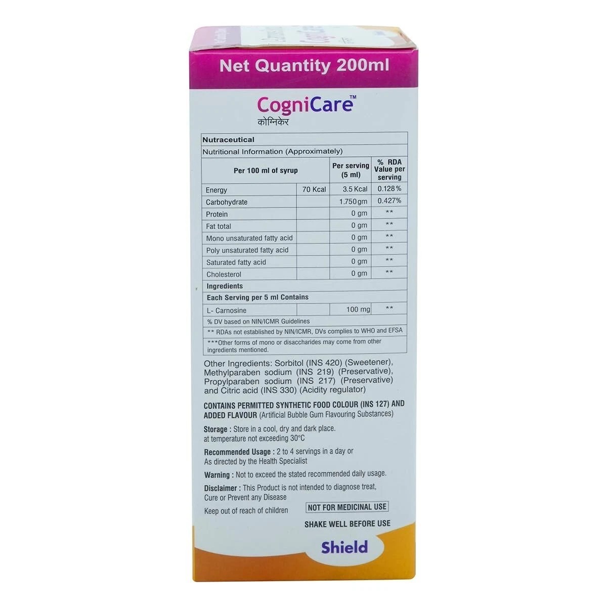Shield Cognicare L-Carnosine Syrup (200ml) Bubblegum Flavor