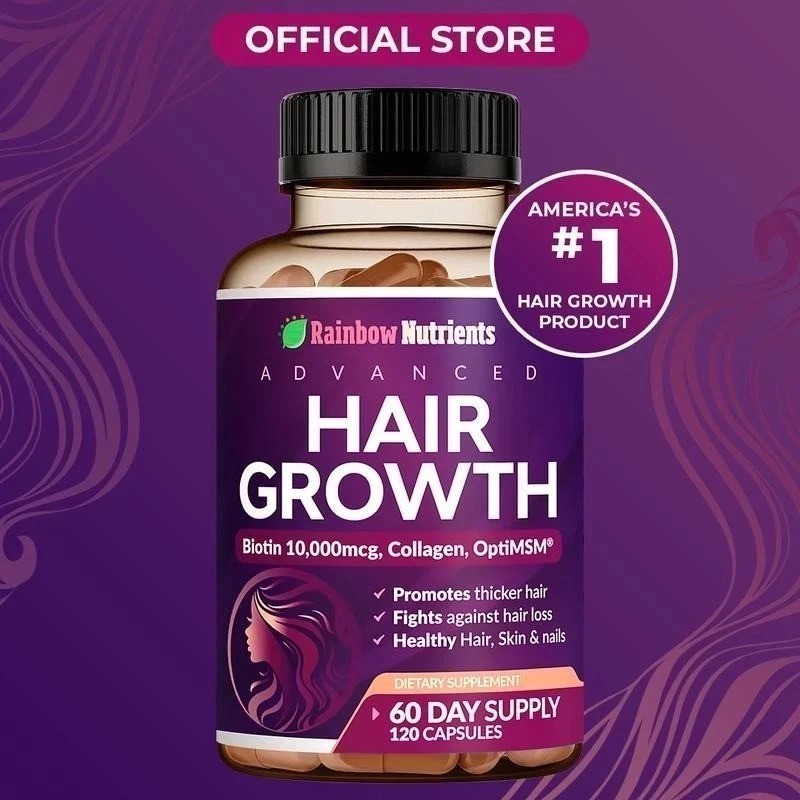 Rainbow Nutrients Hair Growth Vitamins w/ Biotin 10,000mcg &Collagen 120Capsules