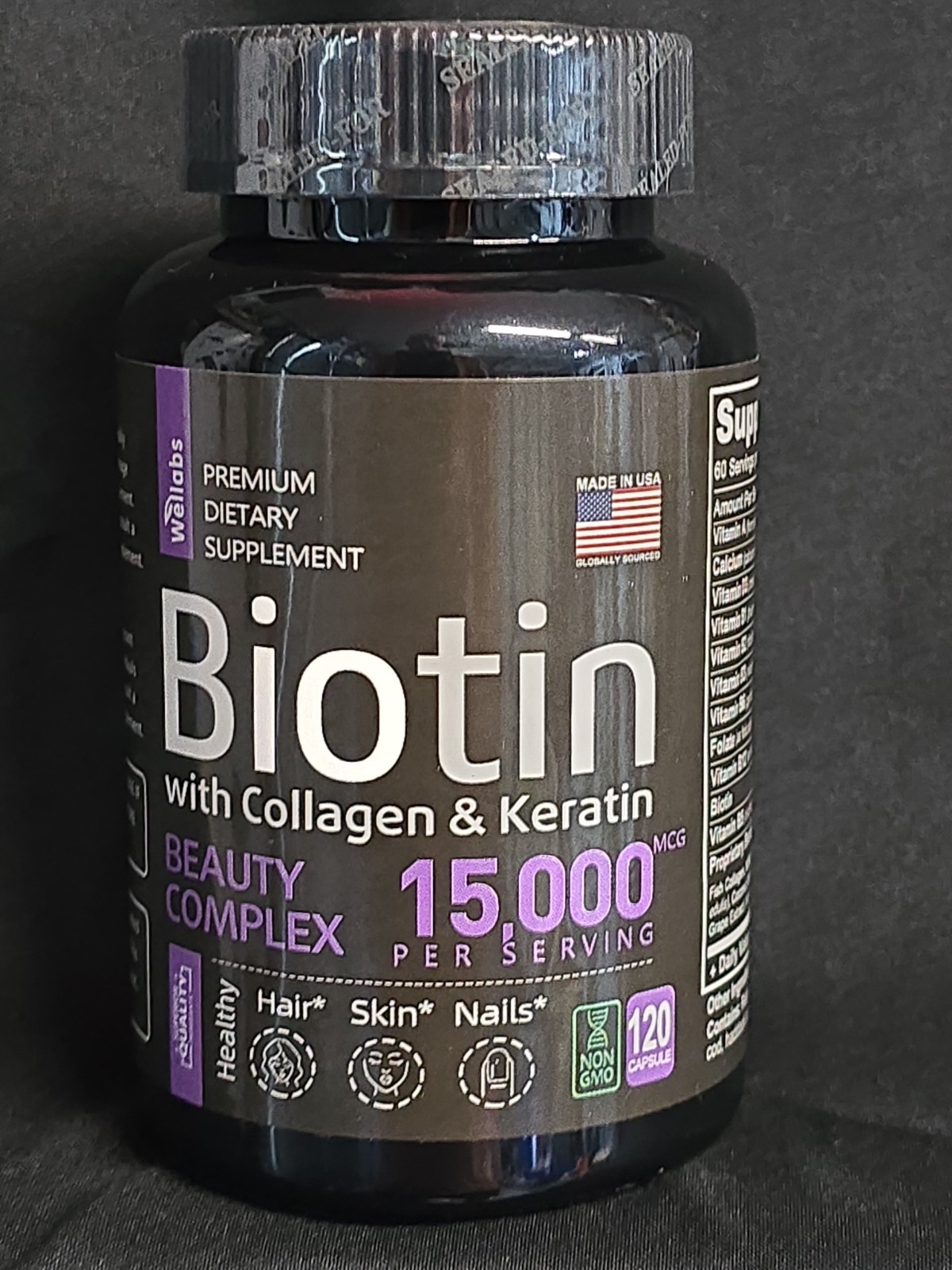 Biotin With Collagen & Keratin Supplements 120 Capsules 15,000mcg Exp.12/27 NEW