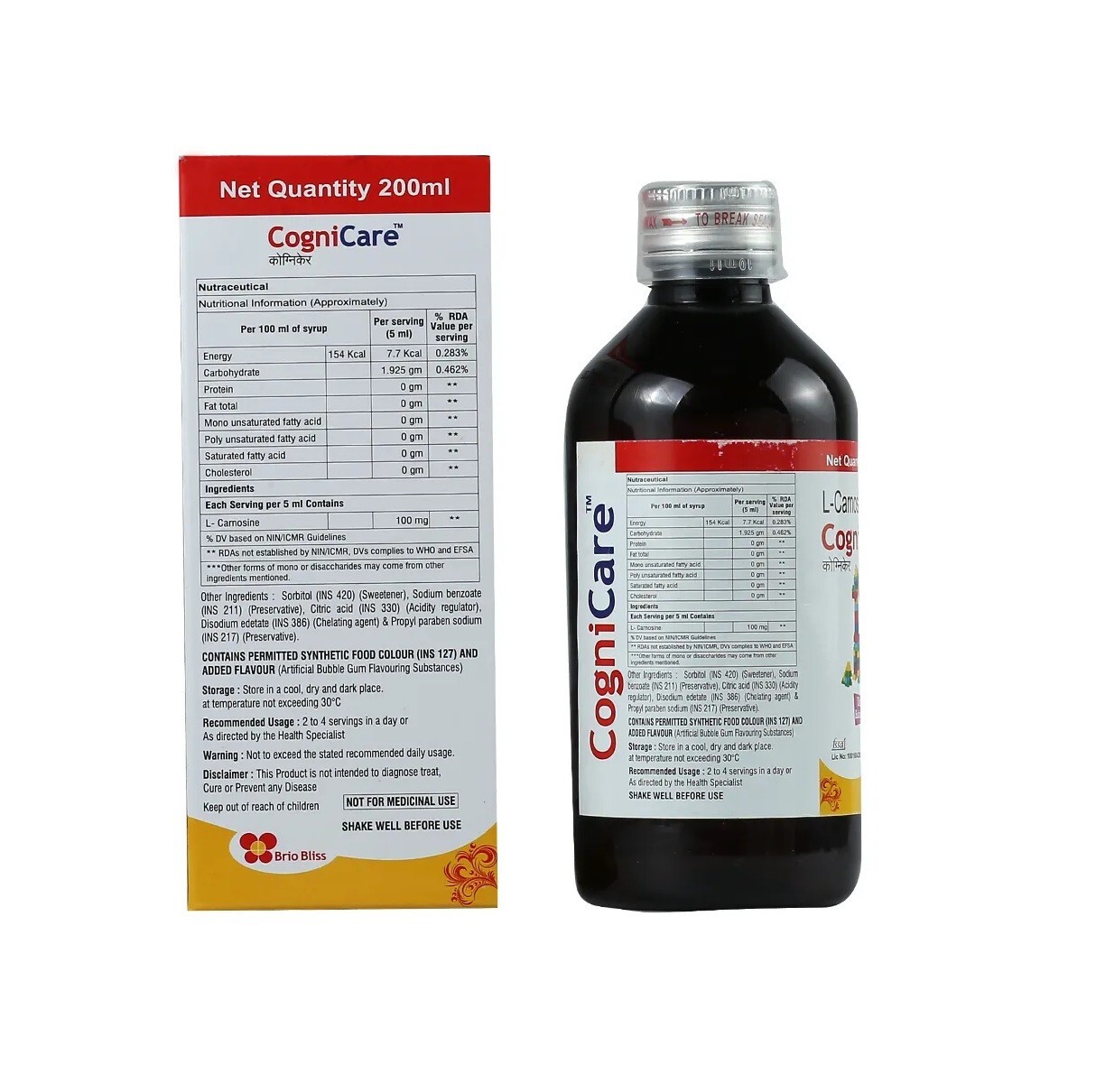 Brio Bliss Cognicare L-Carnosine Syrup (200ml) Bubblegum Flavor