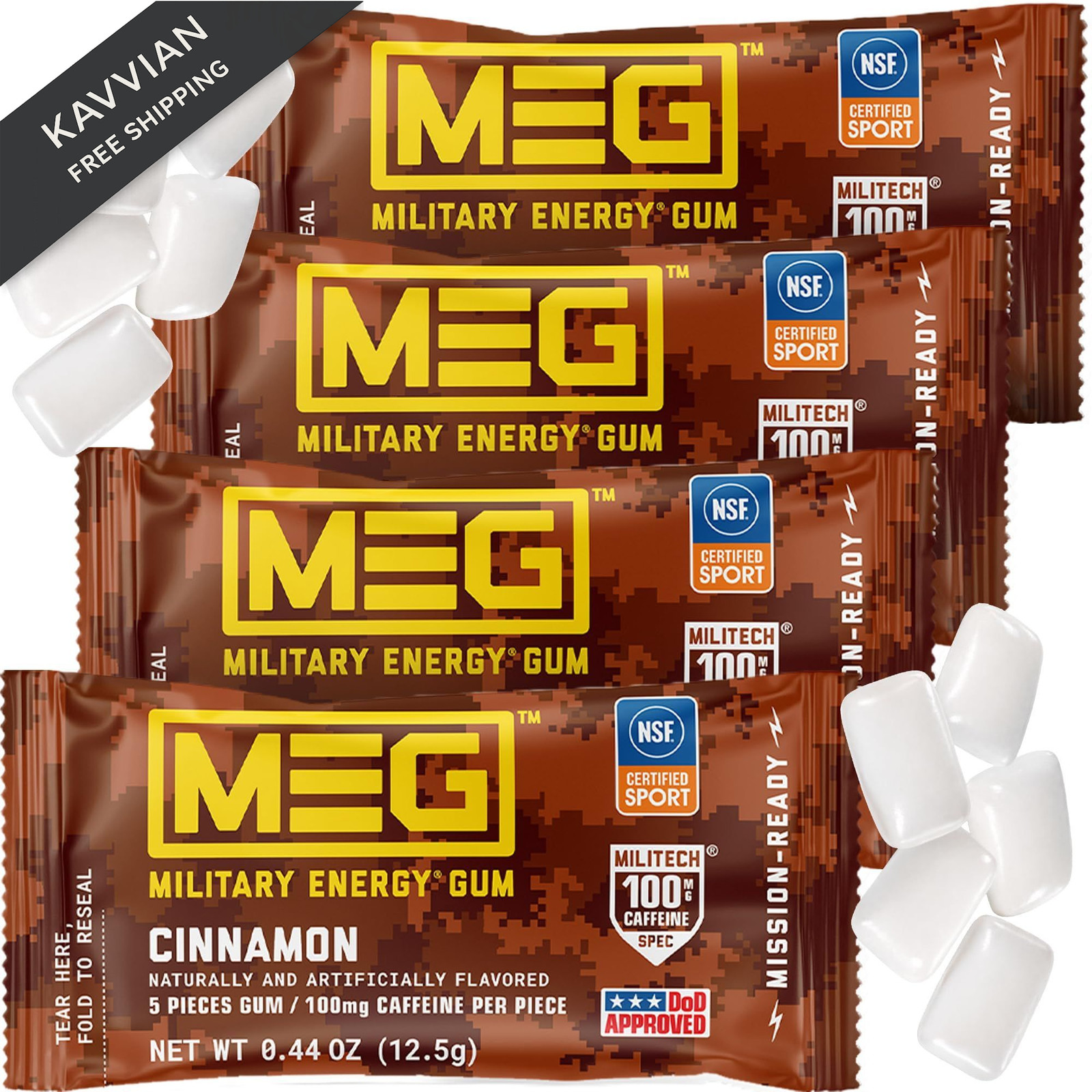 MEG – Military Energy Gum – Cinnamon | 100mg 5 Count (Pack of 4),