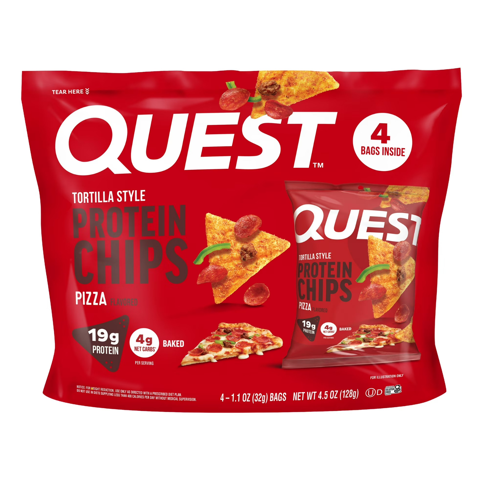 Quest Tortilla Style Protein Chips 19g Protein Pizza Flavor 1.1oz Bags 4 ct