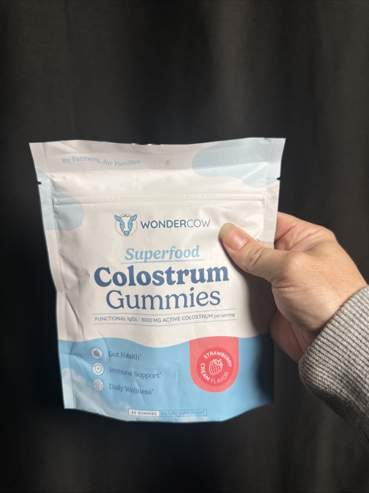 WonderCow 1000mg Colostrum Gummies 45ct, Best By 3/2027, STRAWBERRY CREAM