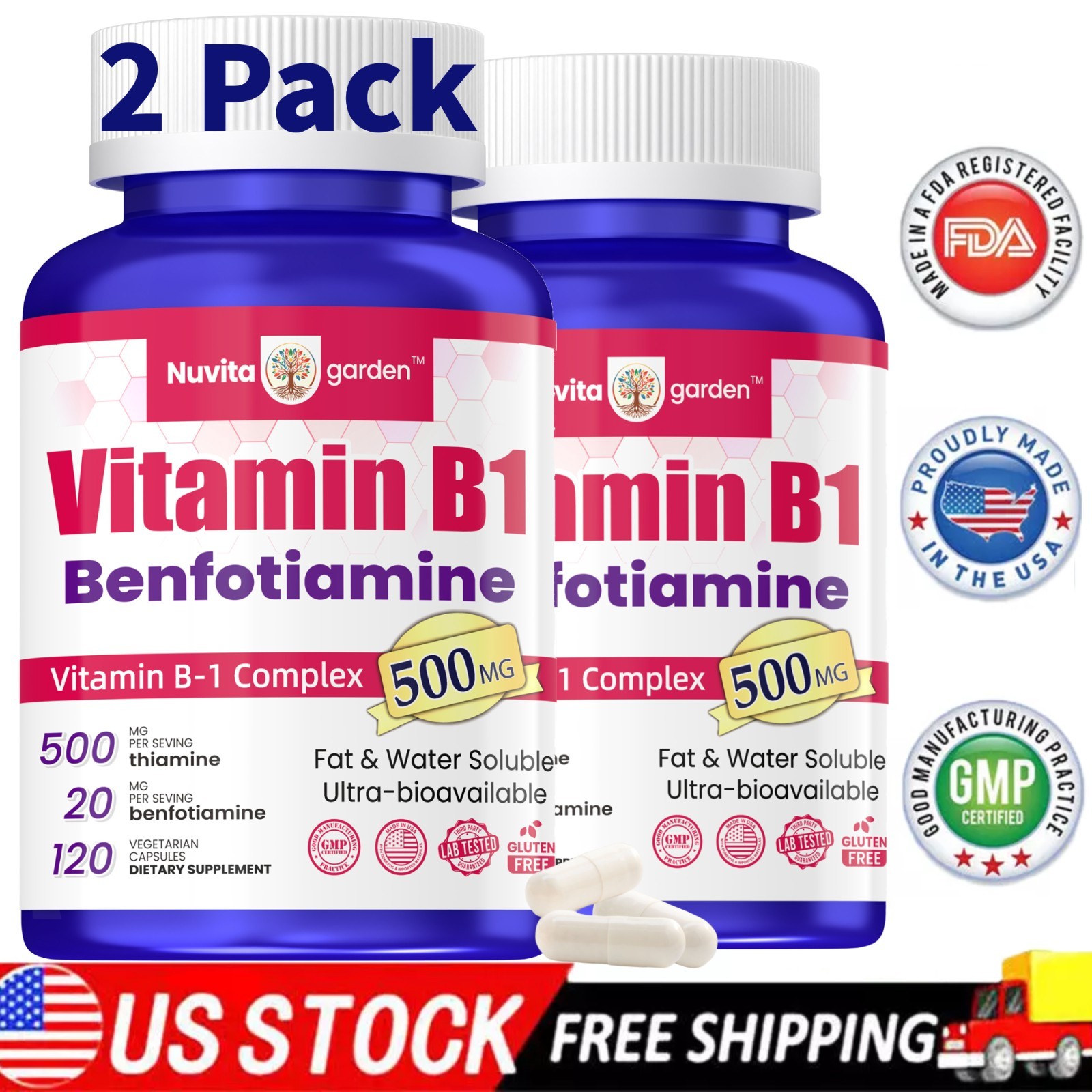 2 Pack Ultra Vitamin B1 – 500mg Vitamin B1 Supplement with Thiamin – 240 Capsule