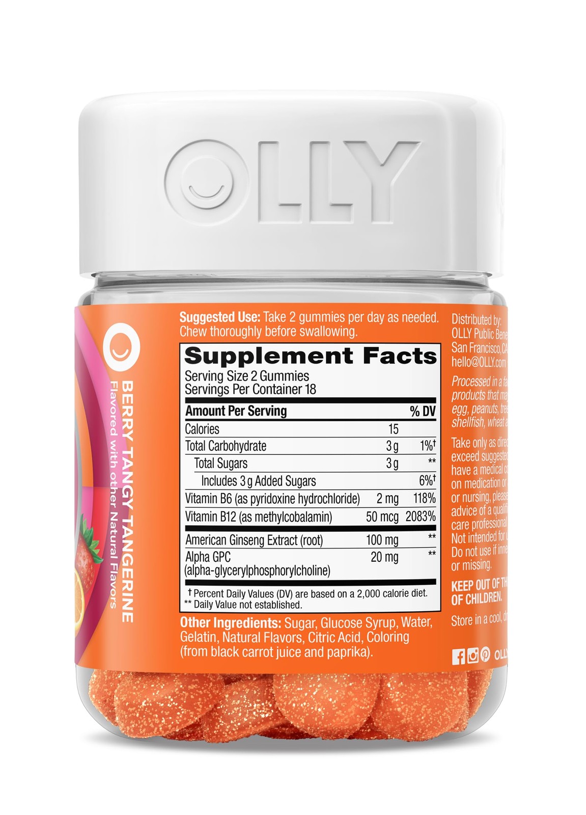 OLLY Laser Focus Gummy, Ginseng, Alpha GPC, B 36 Count (Pack of 1), Orange