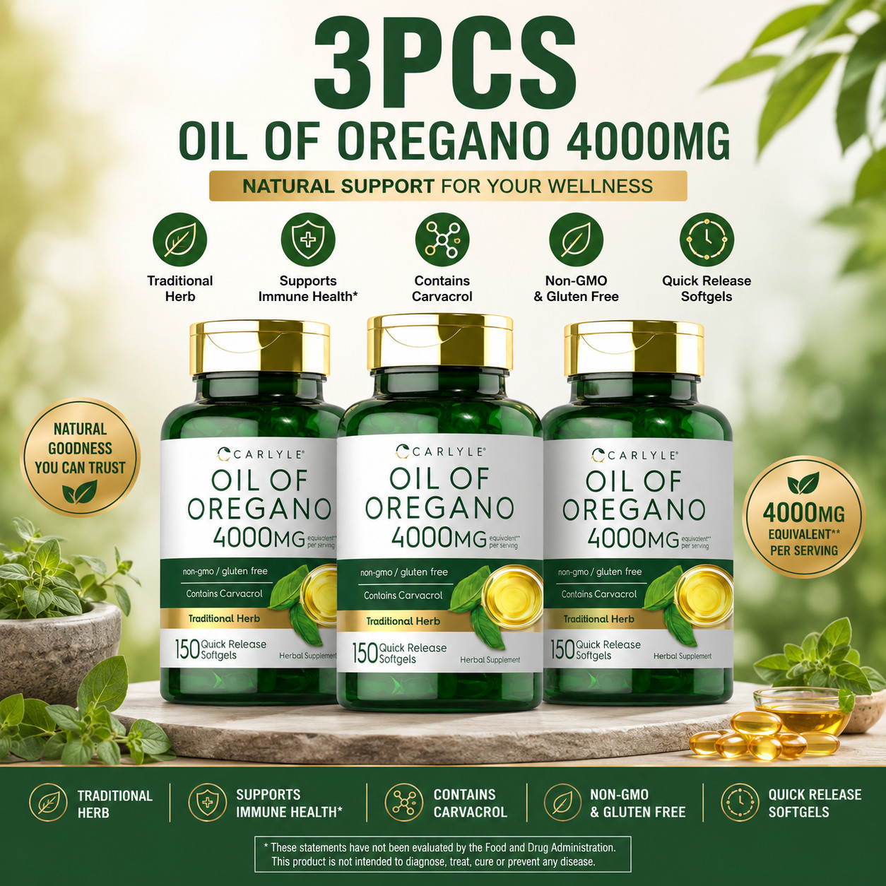 Oregano Oil 4000mg Supplement with Carvacrol 450 Softgels, Non-GMO & Gluten Free