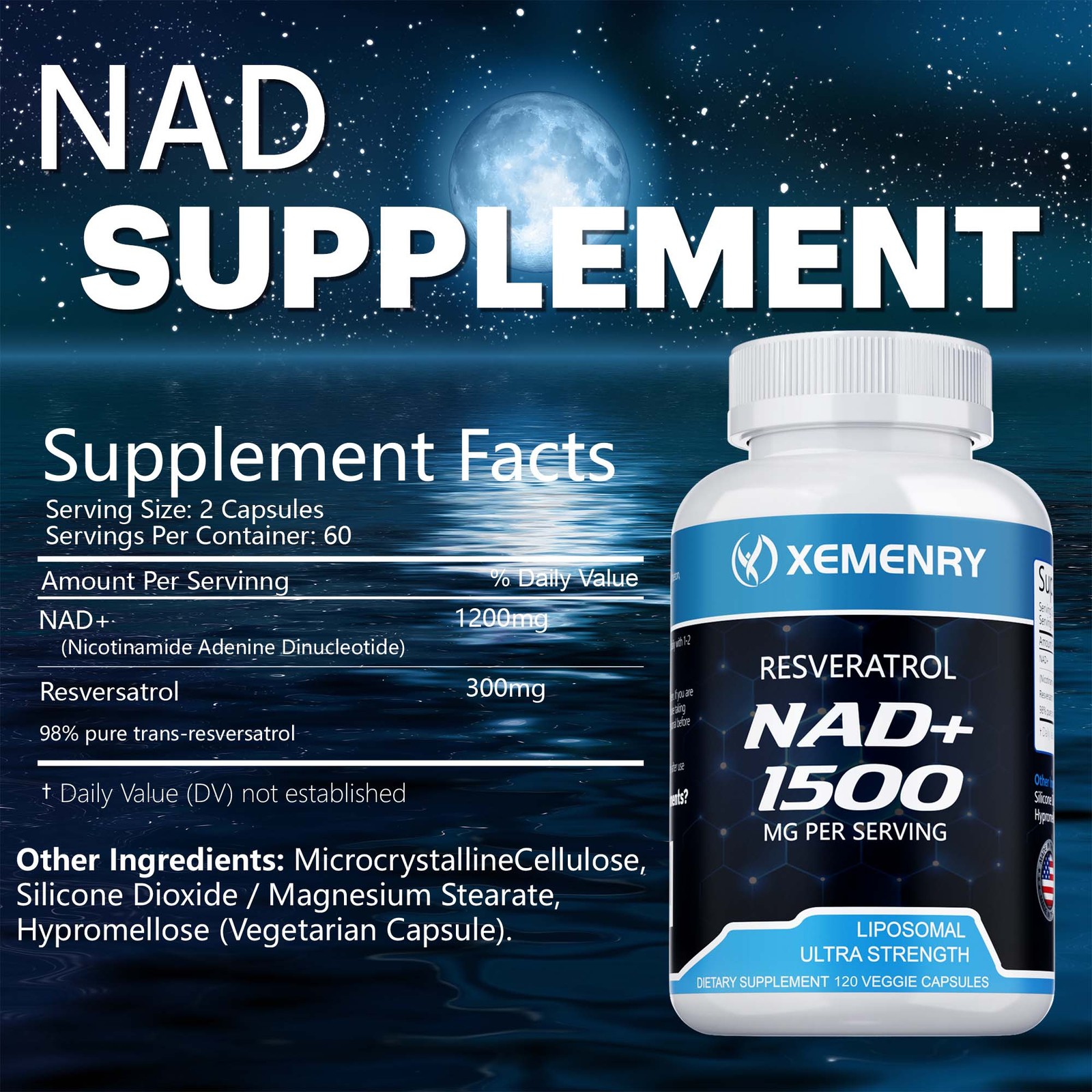 NAD+ 1500mg – Resveratrol, DNA Repair, Heart & Anti-aging Antioxidant Supplement